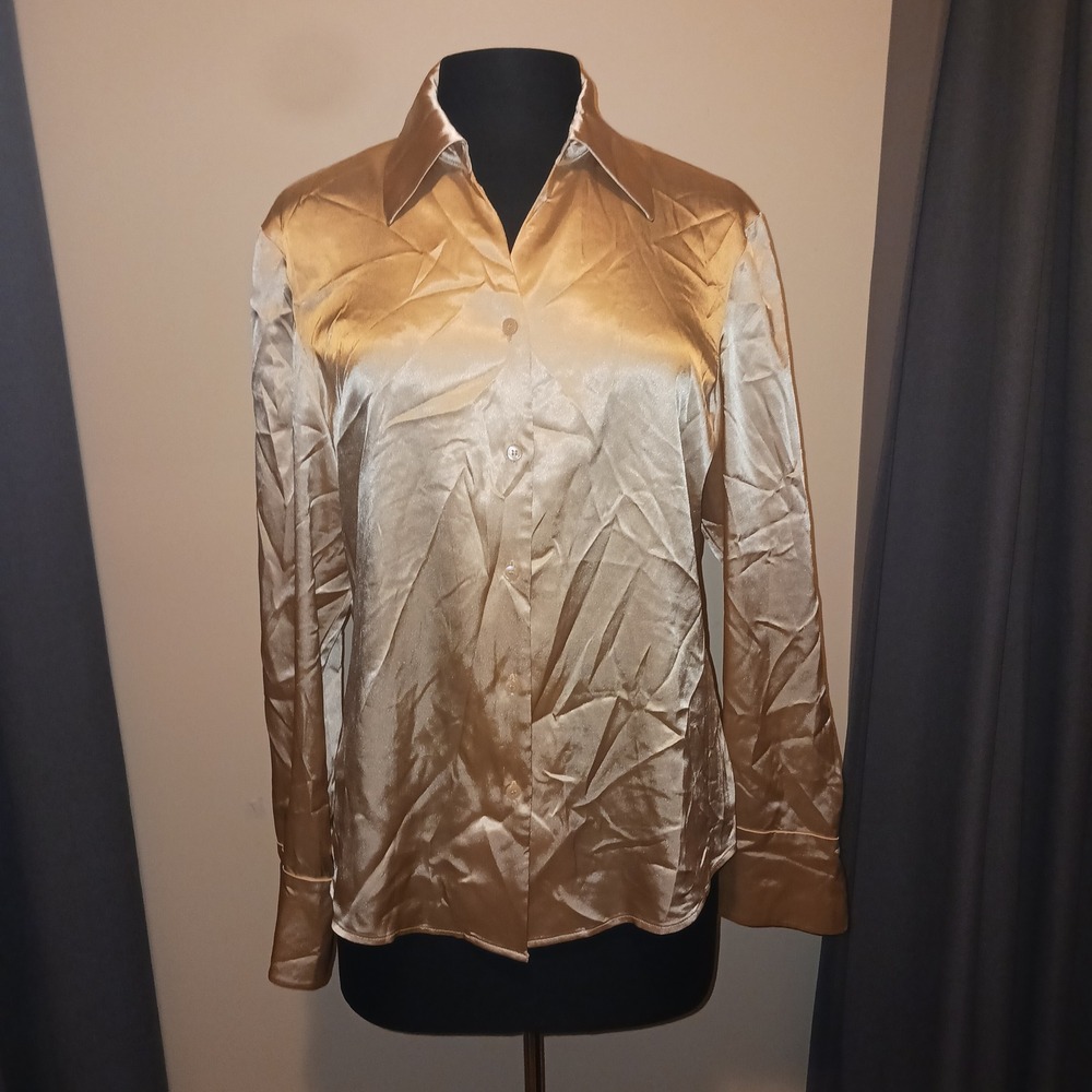 Kasper Old Money Quiet Luxury shimmer Liquid Gold Satin Silky Shirt Blouse 10